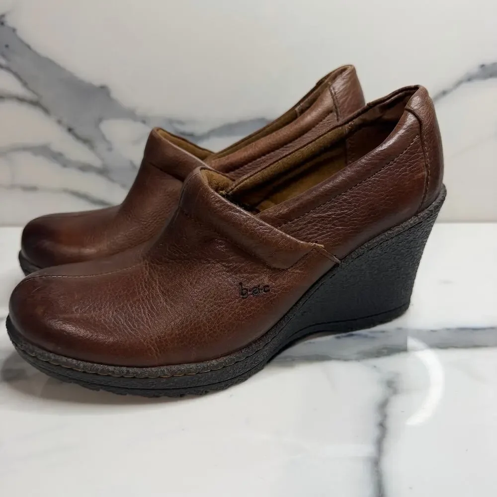 BOC Born Women's Brown Leather Wedge Clogs Sz 7.5 Slip On Comfort Boho Festival